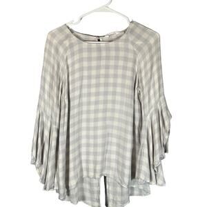 Lauren Conrad Blue & White Checkered Plaid Long Angel Sleeve Blouse Women Sz S